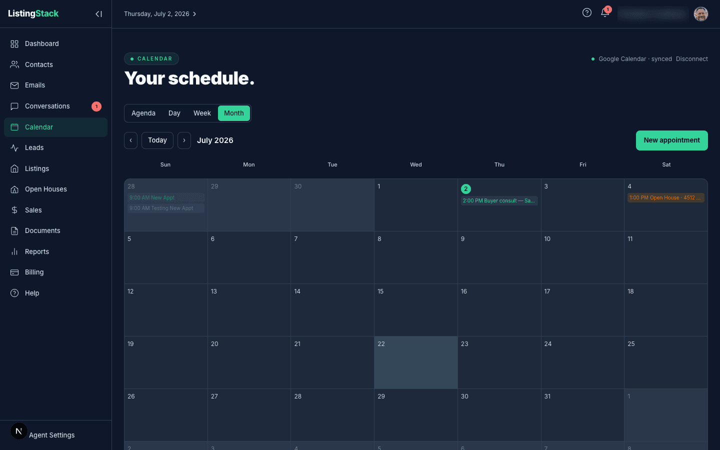 The Calendar in Month view with appointment chips and the view switcher