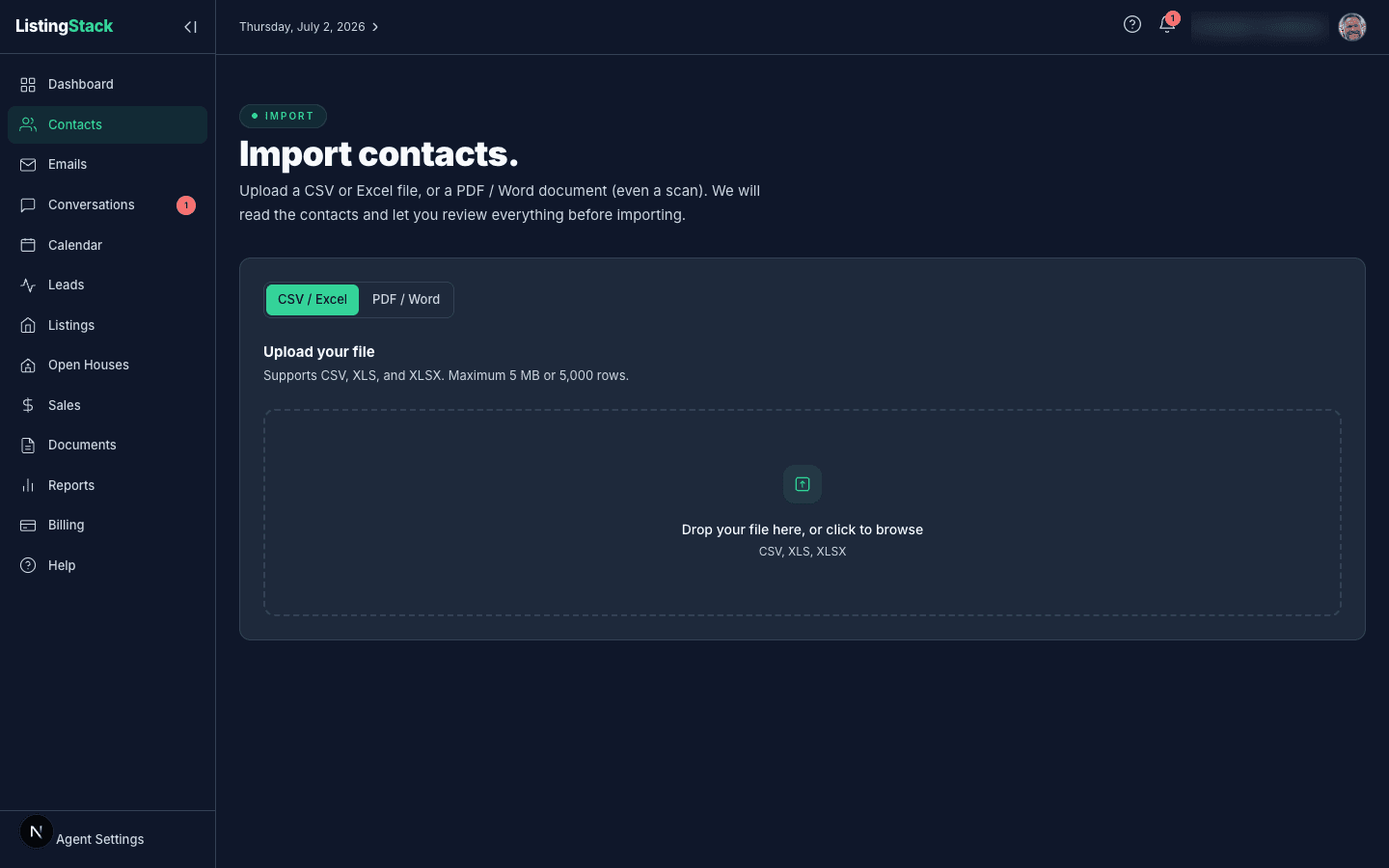 The contacts import screen with CSV/Excel and document import modes