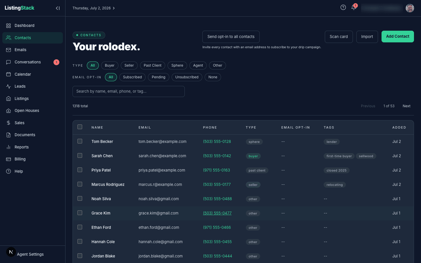 The Contacts list with type filters, search, subscription status, and bulk-select checkboxes