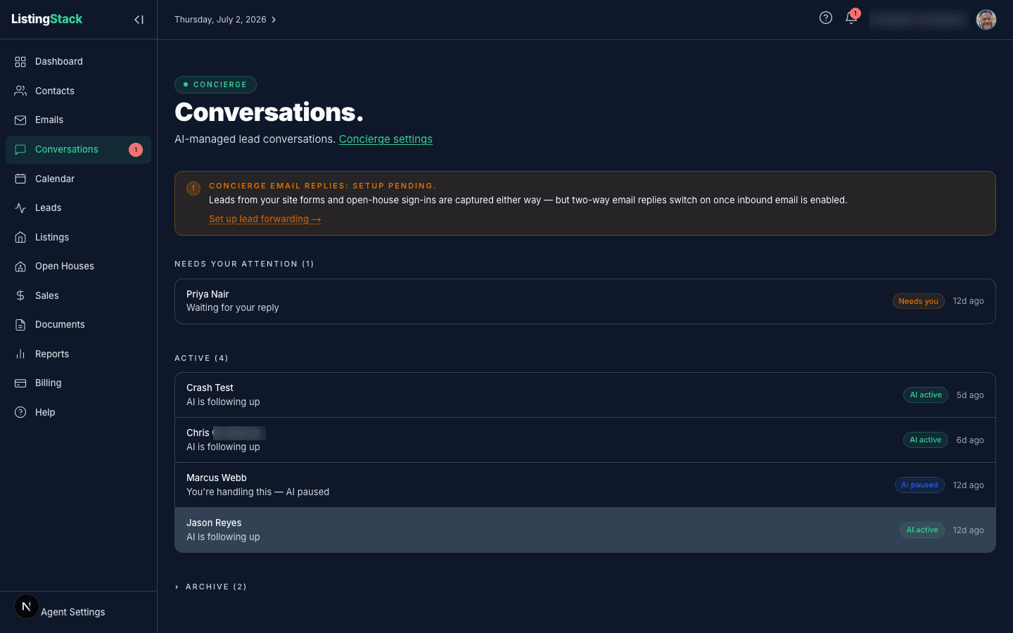 The Conversations page showing Needs your attention, Active, and Archived sections