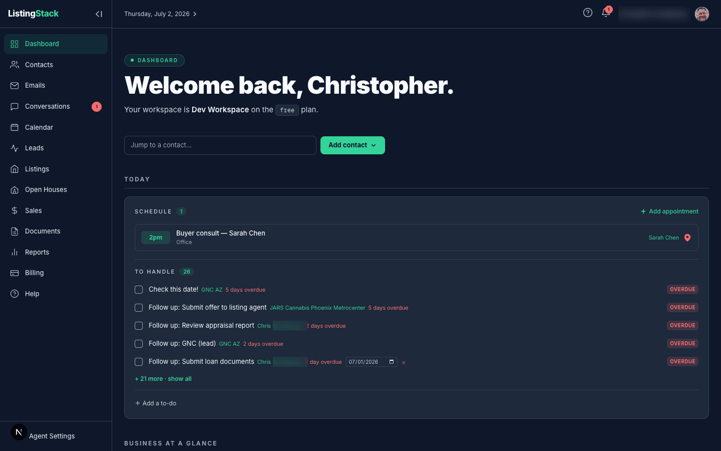 The ListingStack dashboard showing the Today stream and Pipeline, Leads, Listings, and Audience metric groups