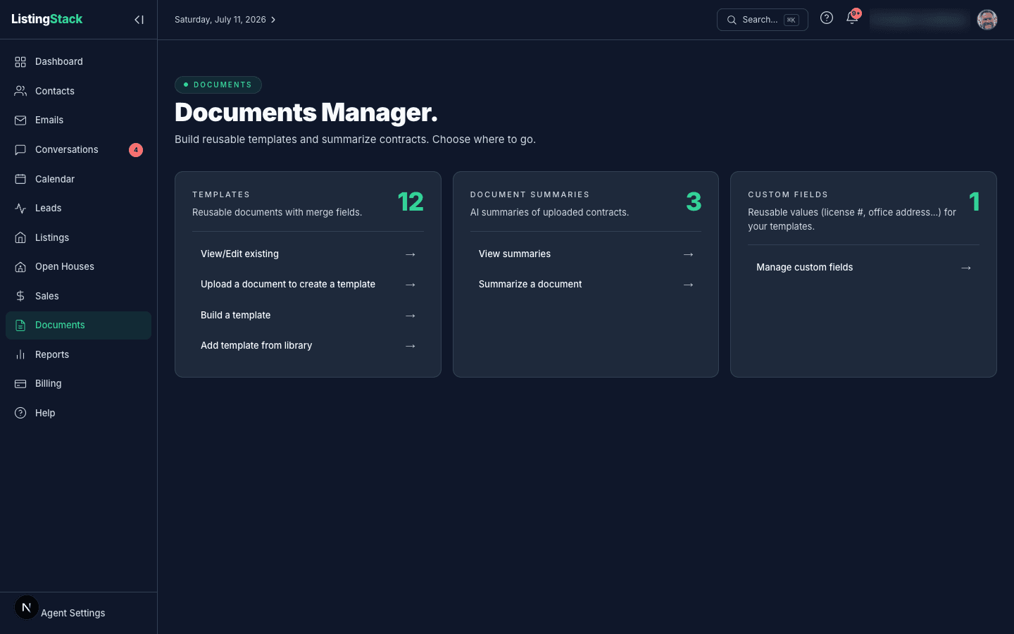 The Documents hub with Templates, Custom Fields, and Document Summaries cards, each showing a count and quick links