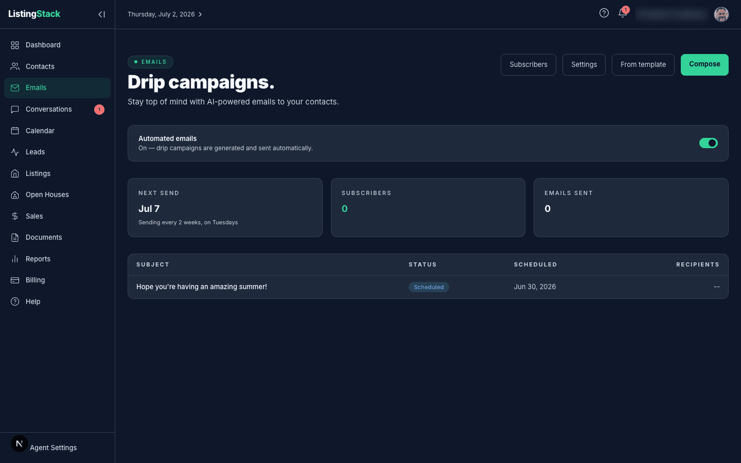 The Emails page showing next-send date, subscriber count, emails sent, and the automated-emails toggle