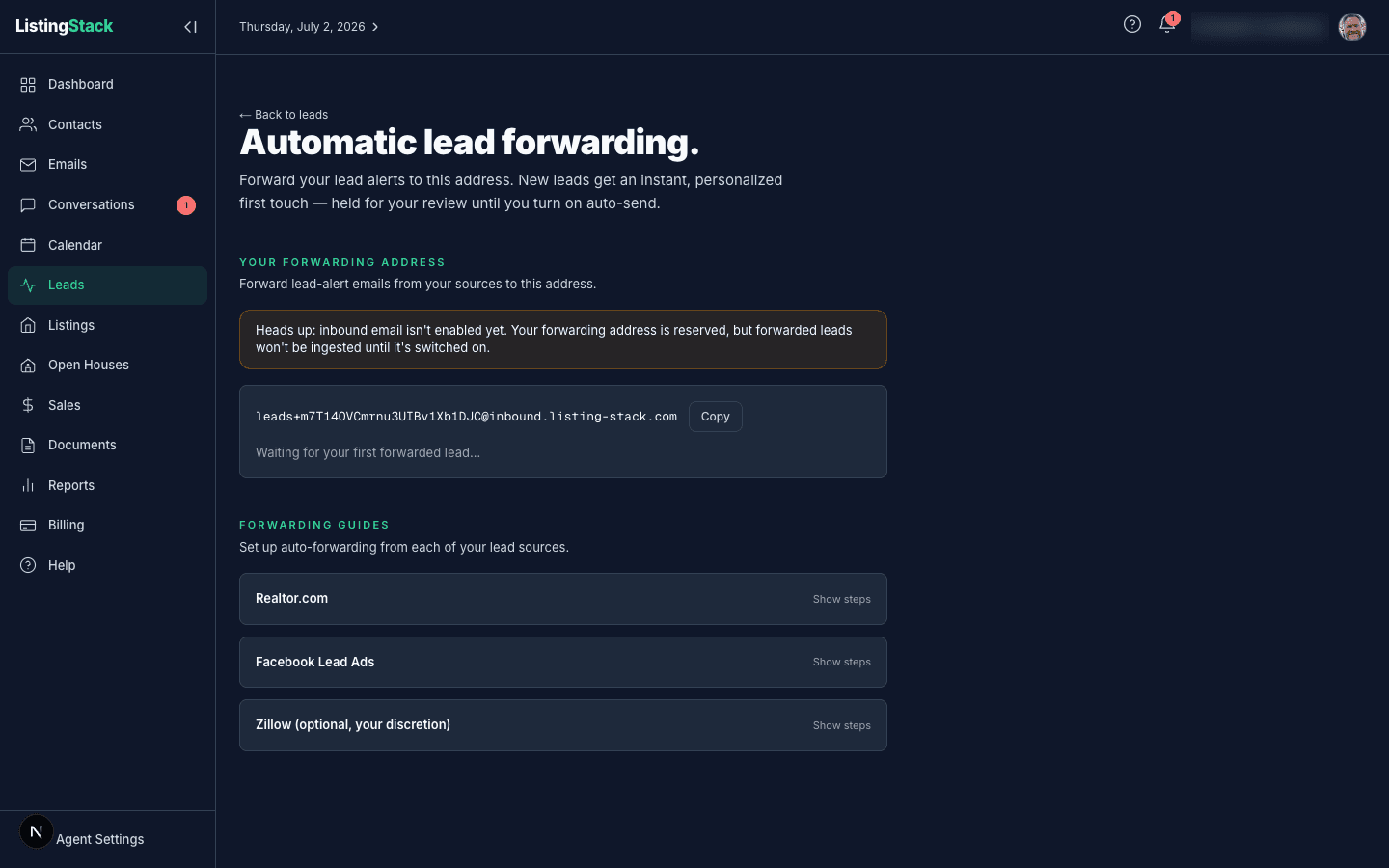 The lead forwarding page showing a dedicated forwarding address and setup guides for Realtor.com, Facebook Lead Ads, and Zillow