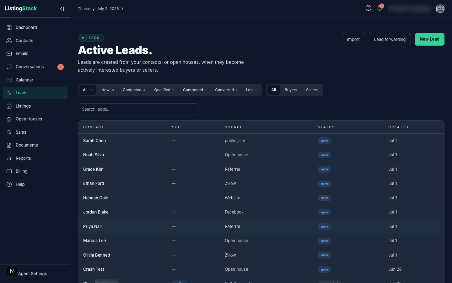 The Leads list with status filters and search