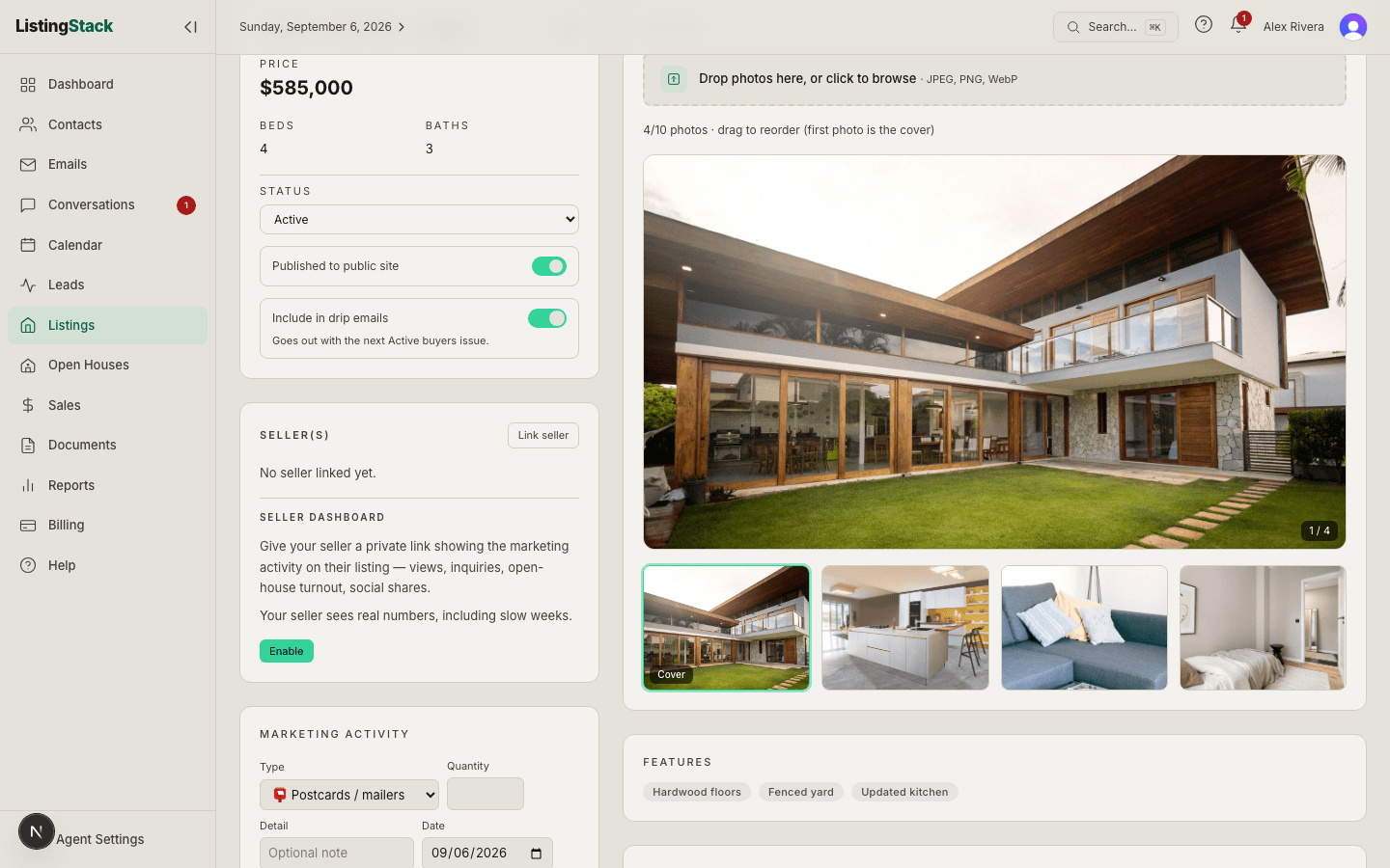 A listing's status card with the Include in drip emails switch on and the line Goes out with the next Active buyers issue
