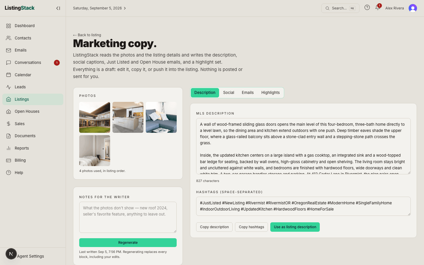 The Marketing copy page with the listing photos on the left and the Description, Social, Emails, and Highlights tabs on the right
