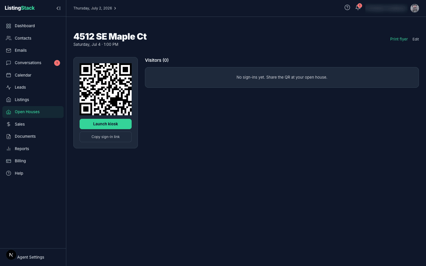 An open house detail page showing the QR sign-in code, Launch kiosk and Copy sign-in link buttons, and the visitor list