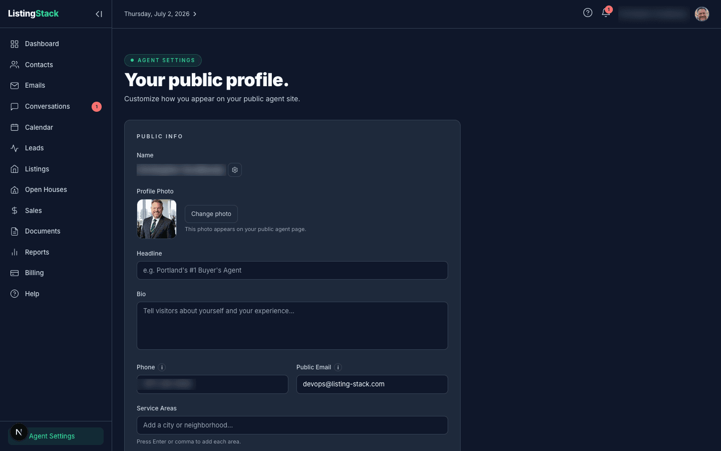The Profile page showing photo upload, full name, headline, bio, and URL slug fields