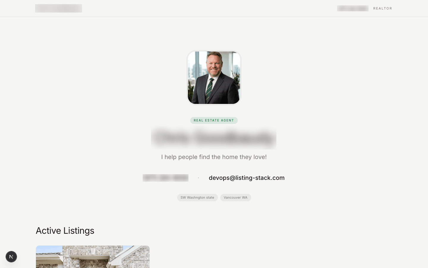 A public agent site showing headshot, headline, bio, published listings, and contact form