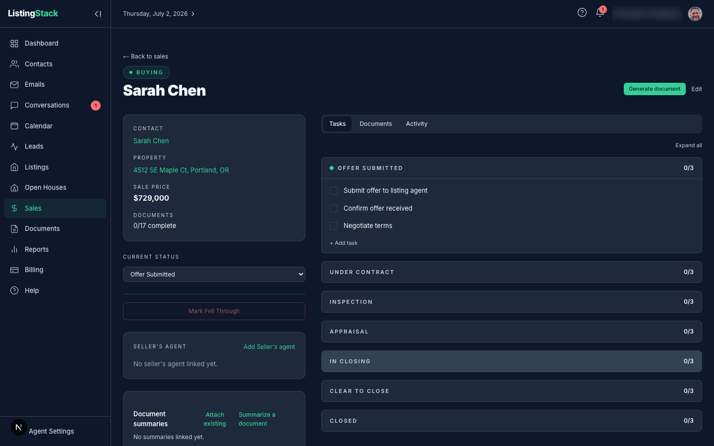 A sale detail page showing the stage-grouped task checklist with completion counts per stage