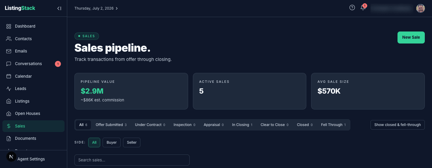 The Sales list with stage tabs, the buyer/seller side filter, and pipeline summary cards