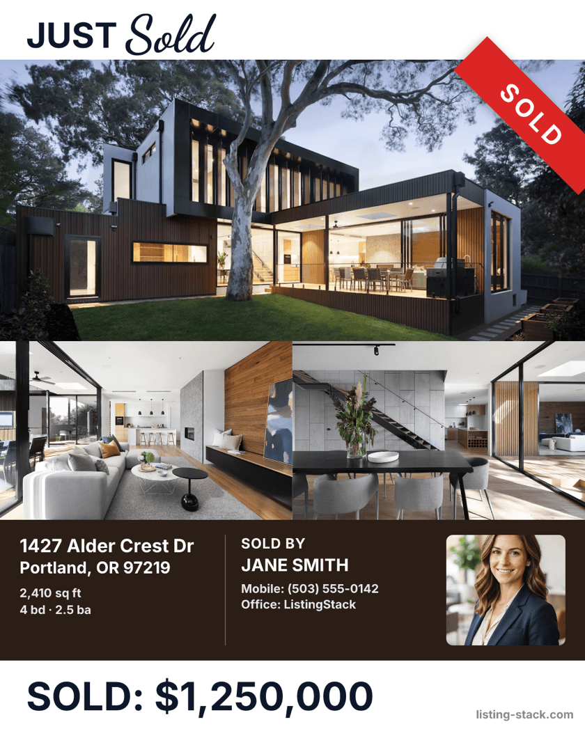 Sample Just Sold flyer generated by ListingStack: home photos, price, and agent card, exactly as the post maker outputs it